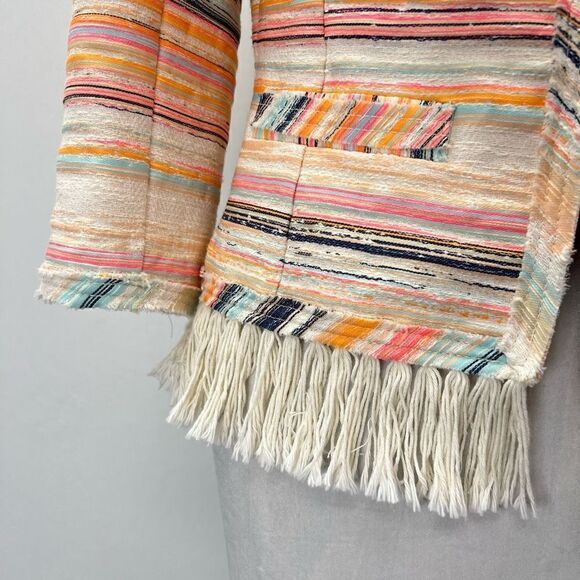 Trina Turk Women’s Size 6 Small Nani Stripe Woven Jacket Blazer Fringe Hem Neon - Picture 5 of 13